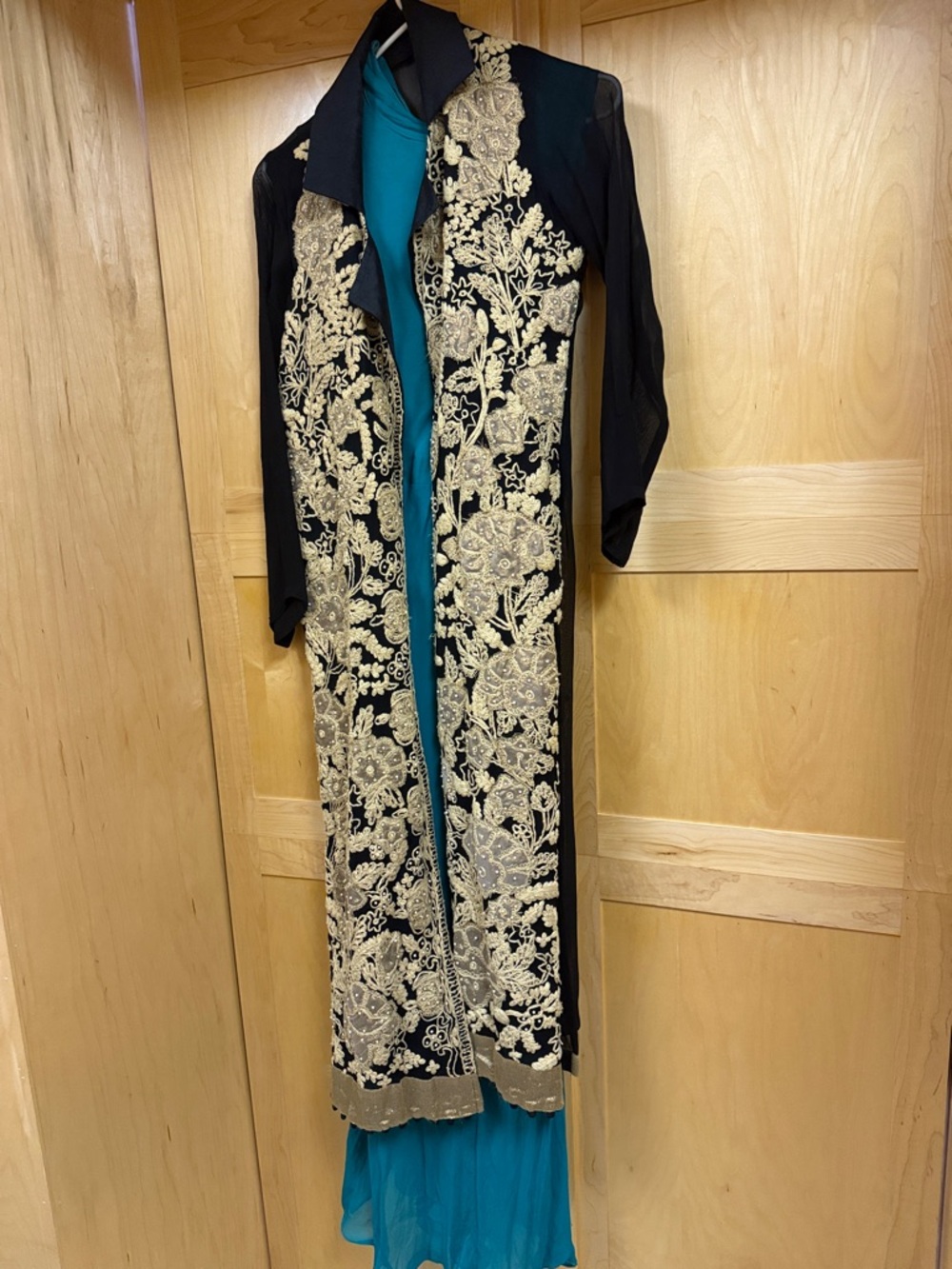 Embroidered Black Long Jacket and anarkali with Gold Floral Detailing